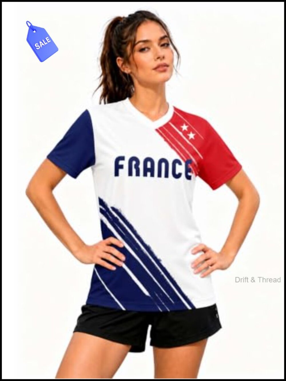 Women's France Soccer Jersey V-Neck Short Sleeve Game Day Top